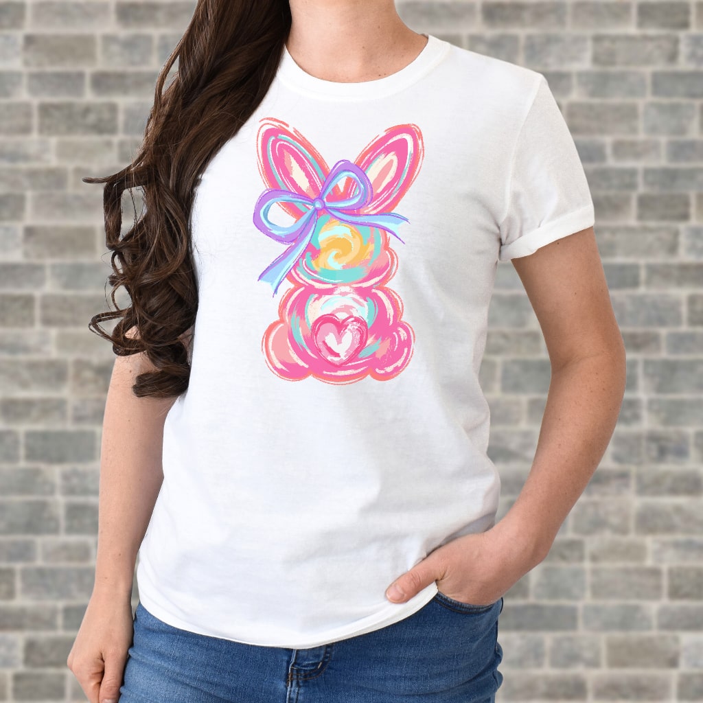 Hand-applied graphic design Easter bunny tee for women
