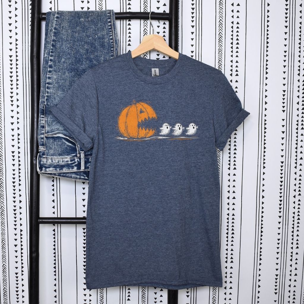 retro Pac Man pumpkin design Halloween tee