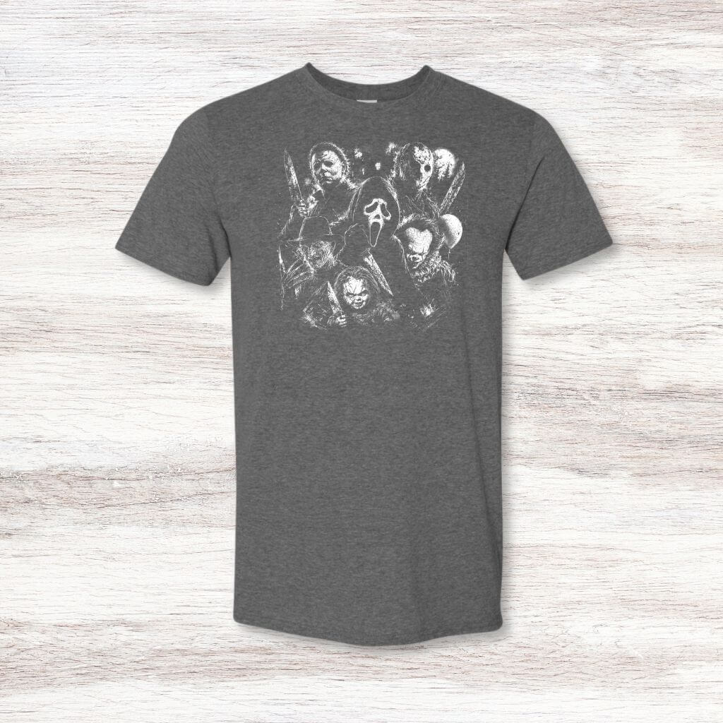 Close up of unique slasher horror graphic tee for fans