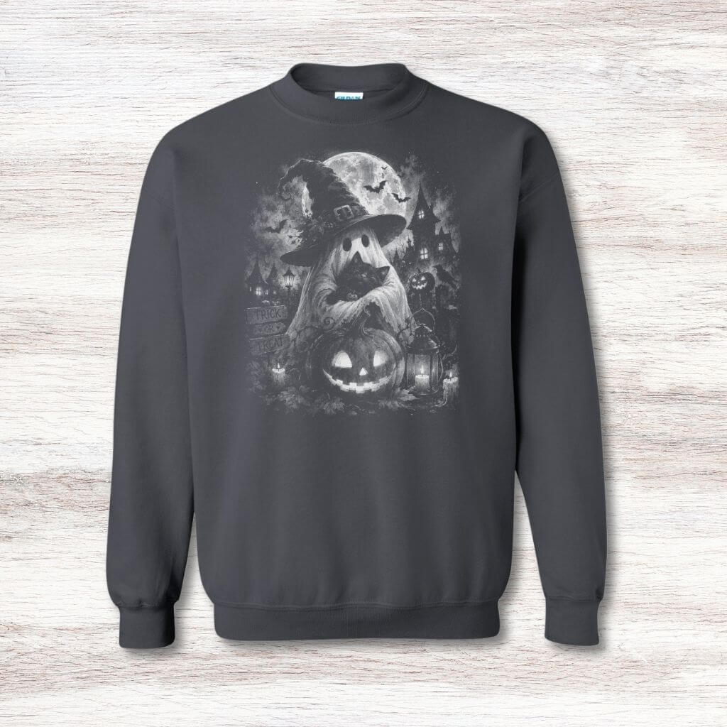 Cute ghost with cat graphic Halloween sweatshirt