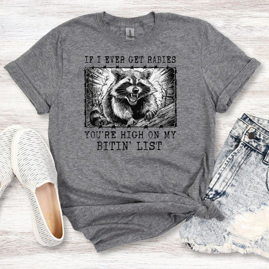 funny raccoon biting list graphic tee for women