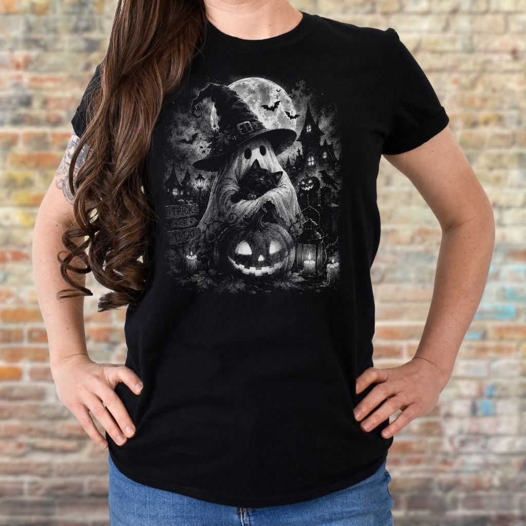 Ghost with cat Halloween graphic tee for women