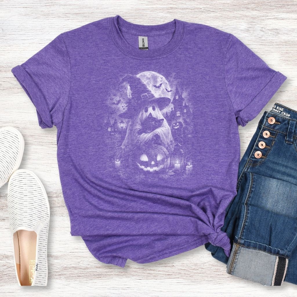 Ghost and cat design on a Halloween graphic shirt