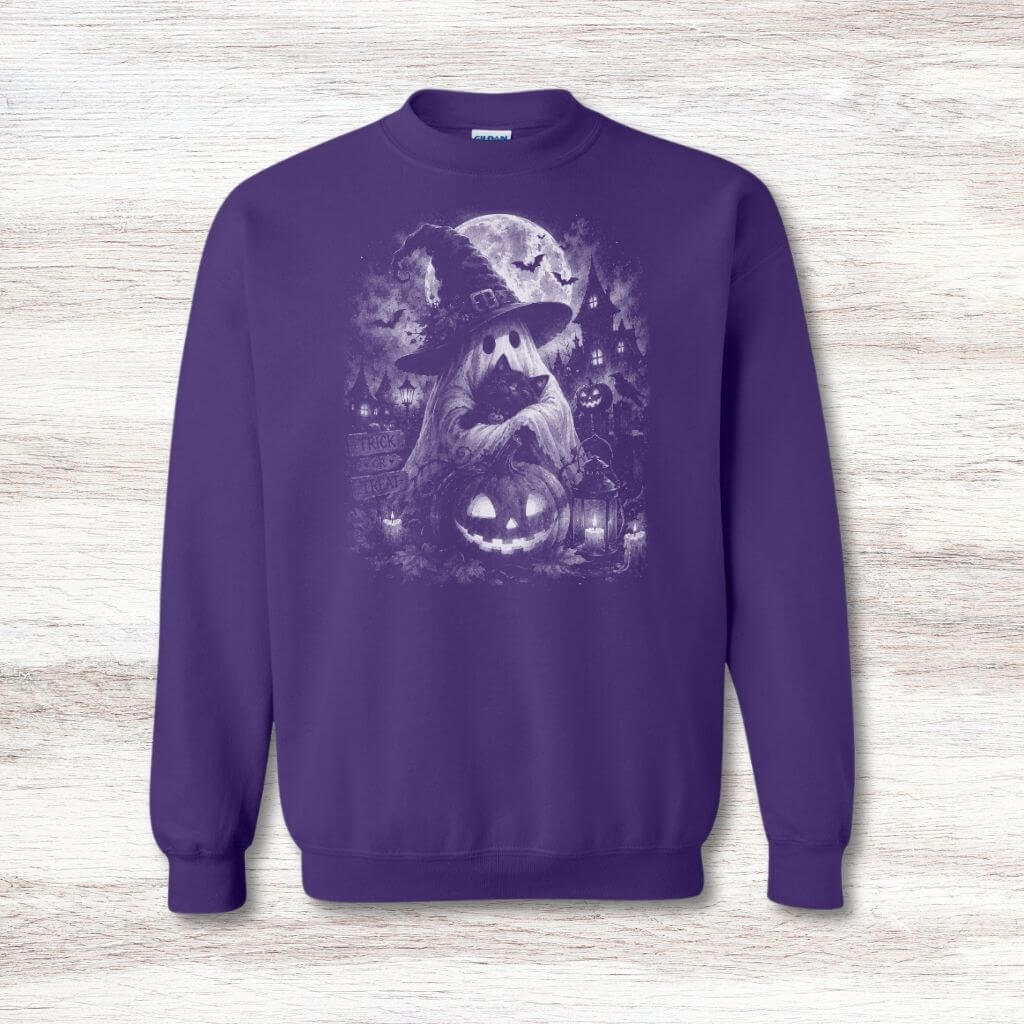 Halloween sweatshirt with ghost and cat graphic