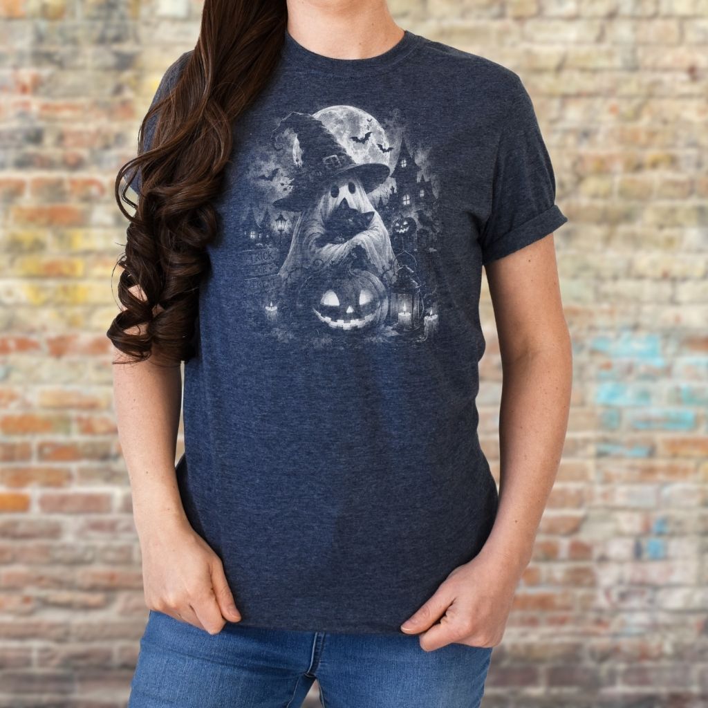 Halloween t-shirt featuring a ghost with a cat