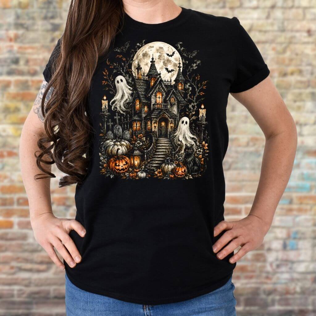 haunted house halloween t-shirt with bats and witches design