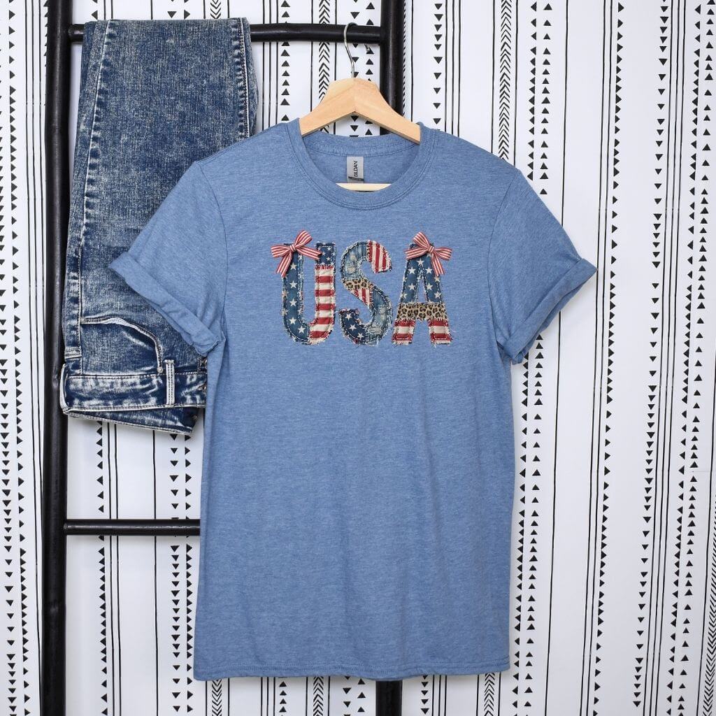 patriotic faux denim patchwork flag tee for july 4th celebration