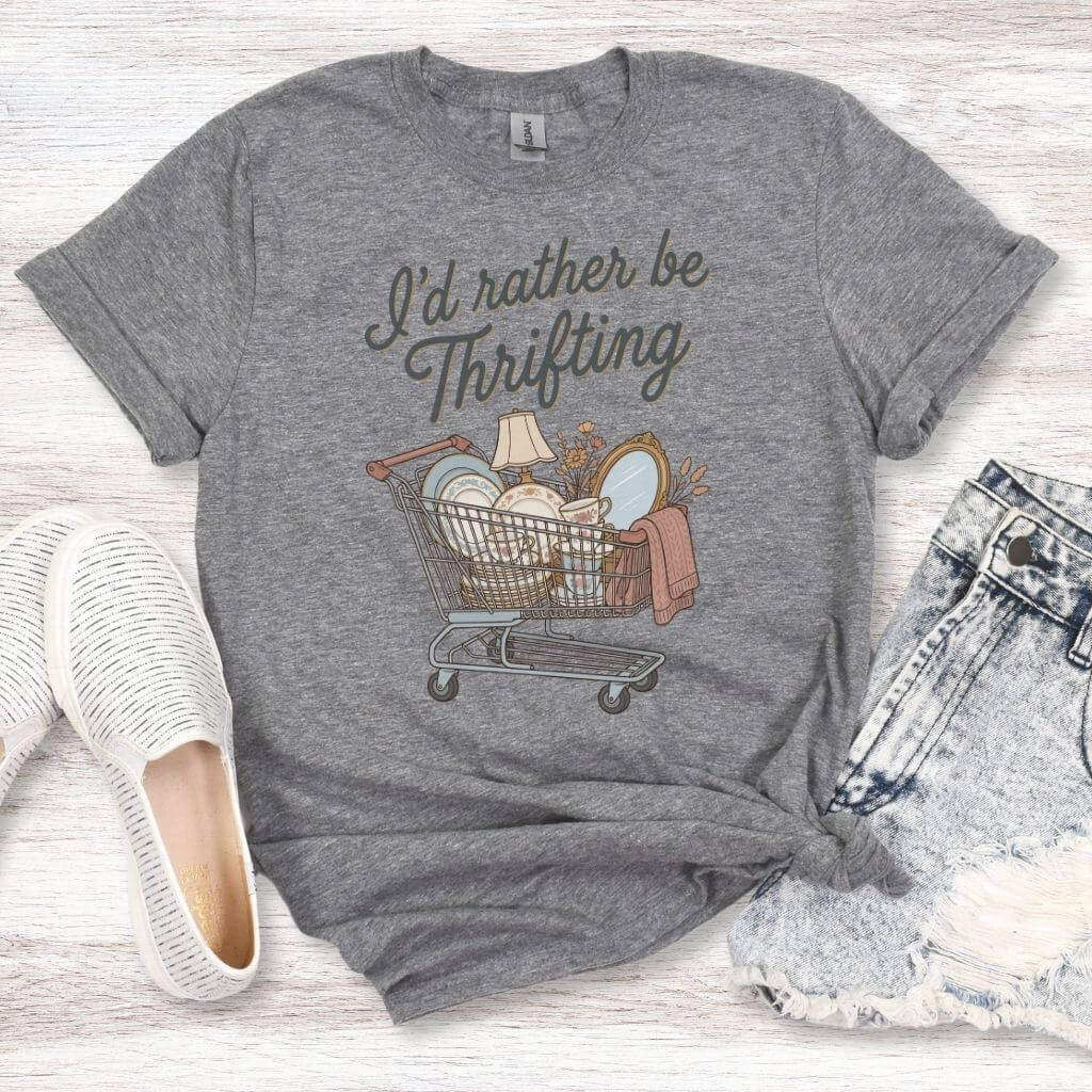 playful thrifting slogan shirt on hanger