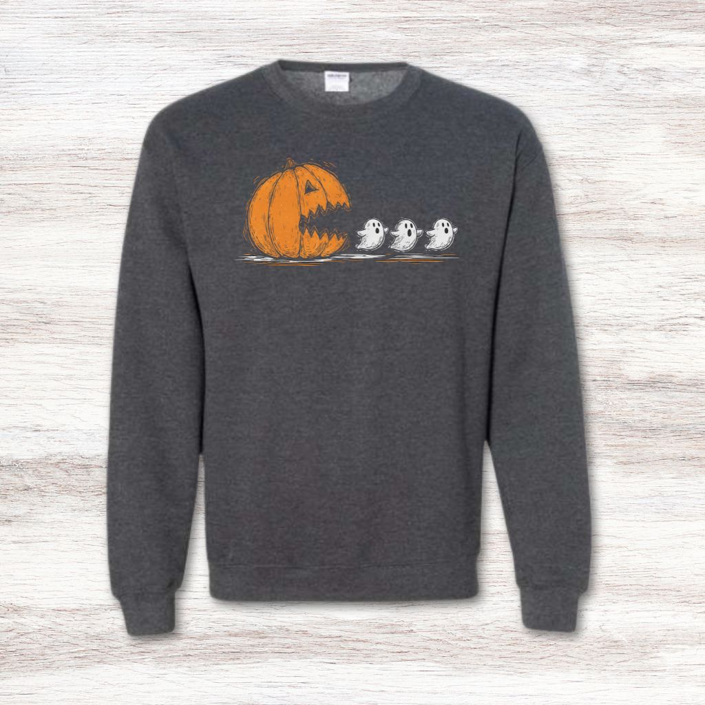 pumpkin pac man chasing ghosts halloween sweatshirt