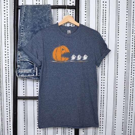 retro Pac Man pumpkin design Halloween tee