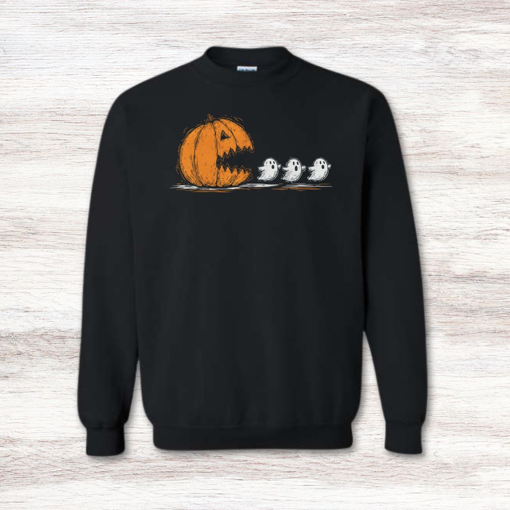 spooky pac man pumpkin themed sweatshirt