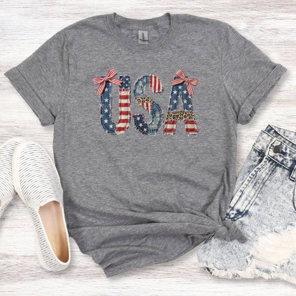 womens usa faux patchwork american flag graphic t-shirt summer outfit