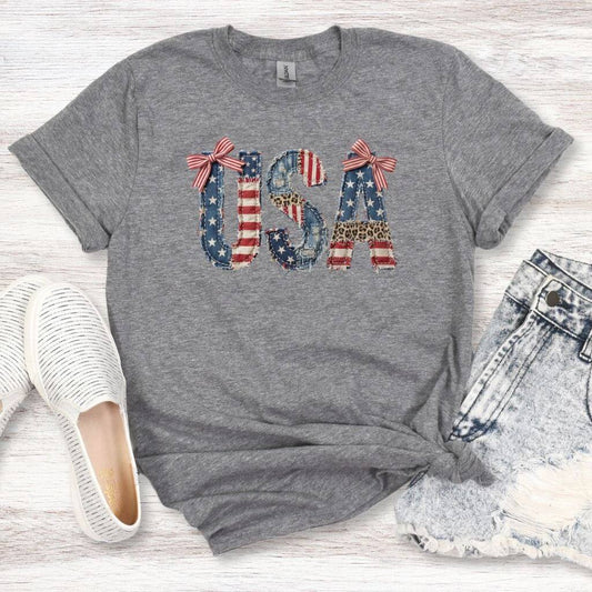 womens usa faux patchwork american flag graphic t-shirt summer outfit